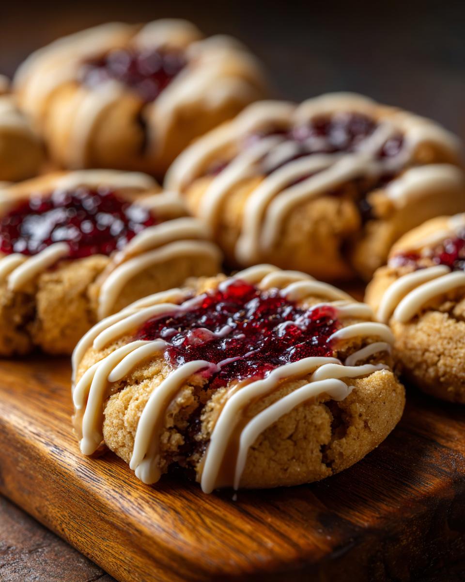 Close-up of White Chocolate Raspberry Thumbprint Cookies on a wooden board, with white chocolate drizzle and raspberry filling.