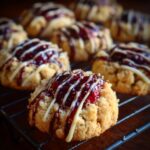 Close-up of delicious White Chocolate Raspberry Thumbprint Cookies on a cooling rack, drizzled with white chocolate.