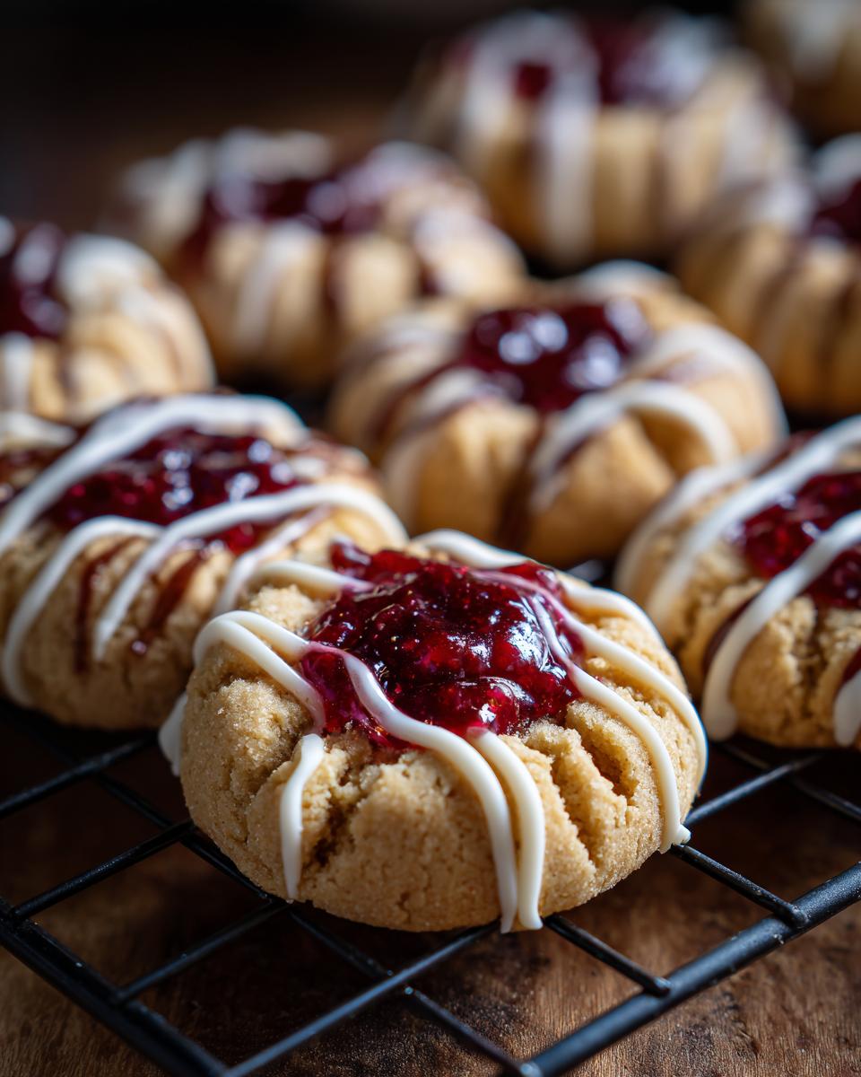 Close-up of White Chocolate Raspberry Thumbprint Cookies on a cooling rack, showing the raspberry filling and white chocolate drizzle.