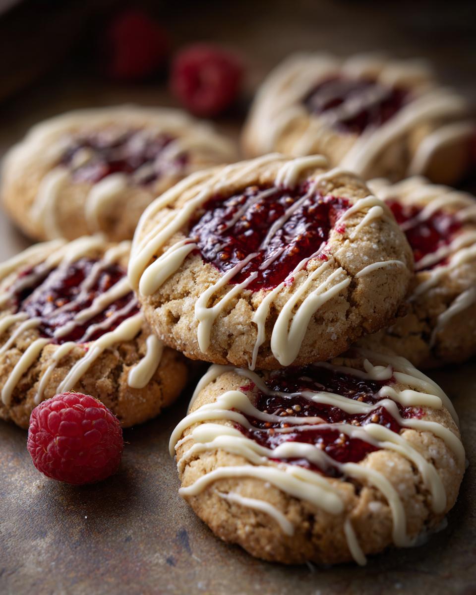 Close-up of delicious White Chocolate Raspberry Thumbprint Cookies with white chocolate drizzle and raspberry filling.