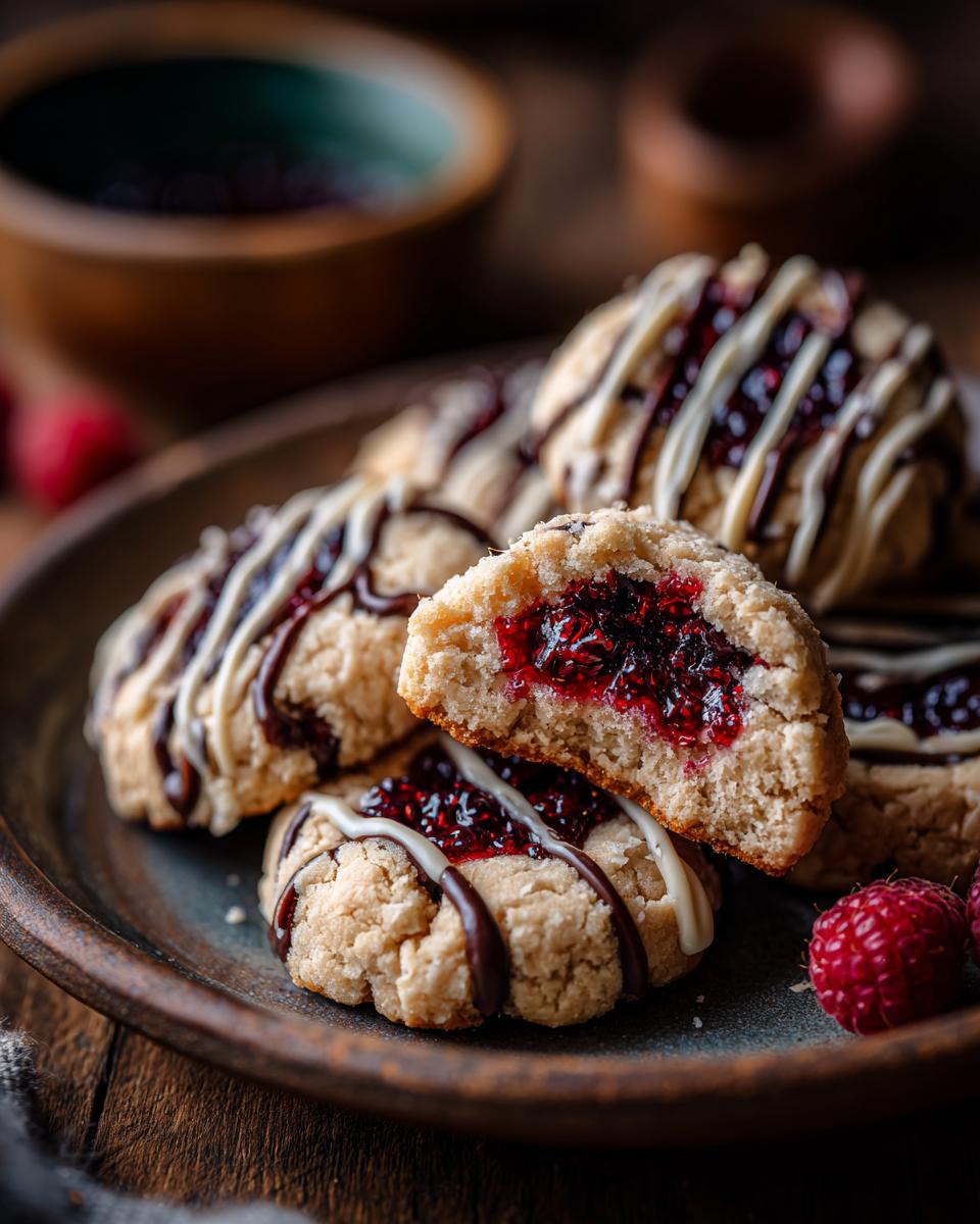 Close-up of White Chocolate Raspberry Thumbprint Cookies on a plate, showing the raspberry filling and chocolate drizzle.