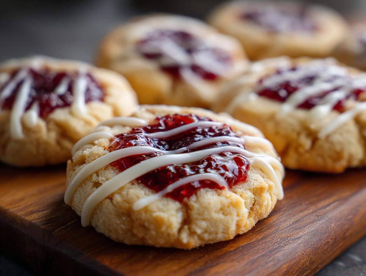 Close-up of delicious White Chocolate Raspberry Thumbprint Cookies on a wooden board, with raspberry filling and white chocolate drizzle.