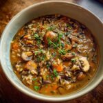 Close-up of a bowl of delicious Wild Rice & Mushroom Soup, with mushrooms and herbs.
