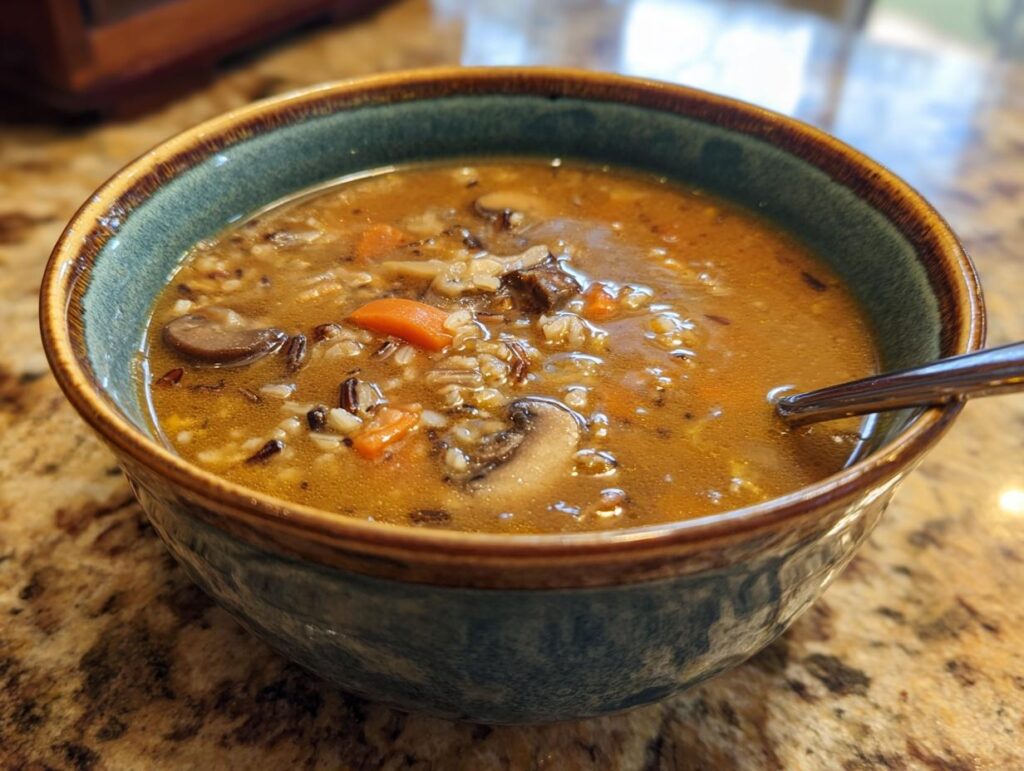 Close-up of a bowl of delicious Wild Rice & Mushroom Soup, with carrots and mushrooms.