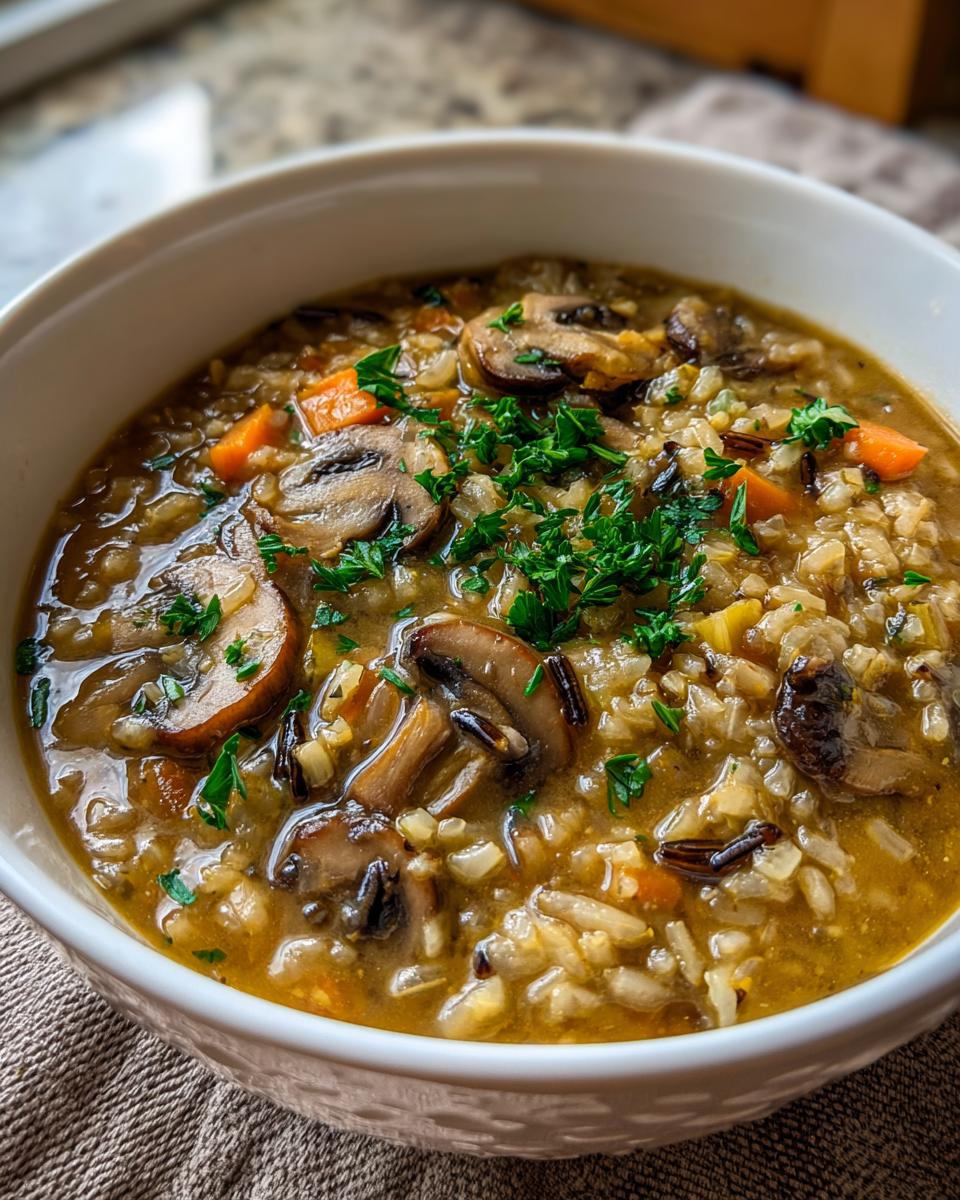 Close-up of a bowl of delicious Wild Rice & Mushroom Soup, garnished with fresh herbs.