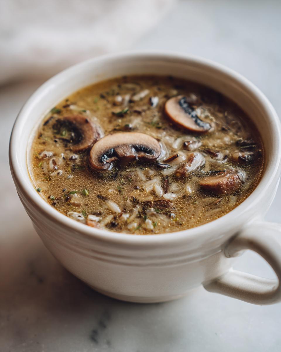Close-up of a bowl of Wild Rice & Mushroom Soup with mushrooms and rice.