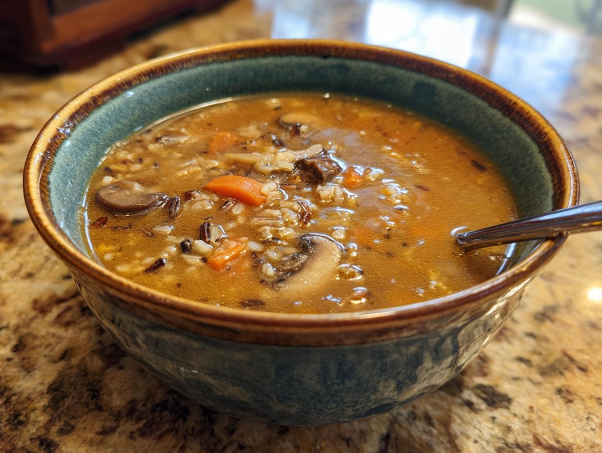 Close-up of a bowl of delicious Wild Rice & Mushroom Soup, with carrots and mushrooms.
