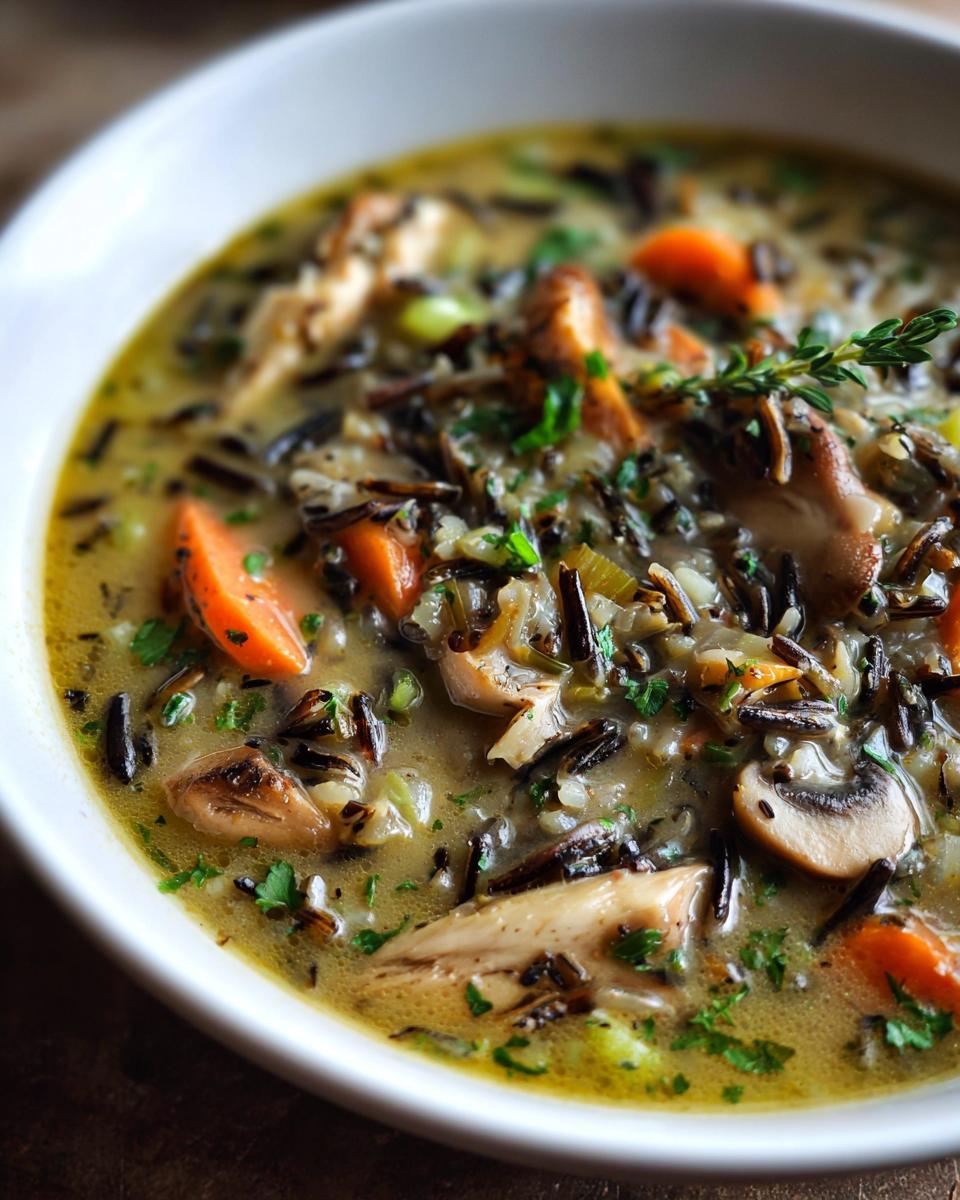 Close-up of a bowl of delicious Wild Rice & Mushroom Soup, with carrots, mushrooms, and herbs.