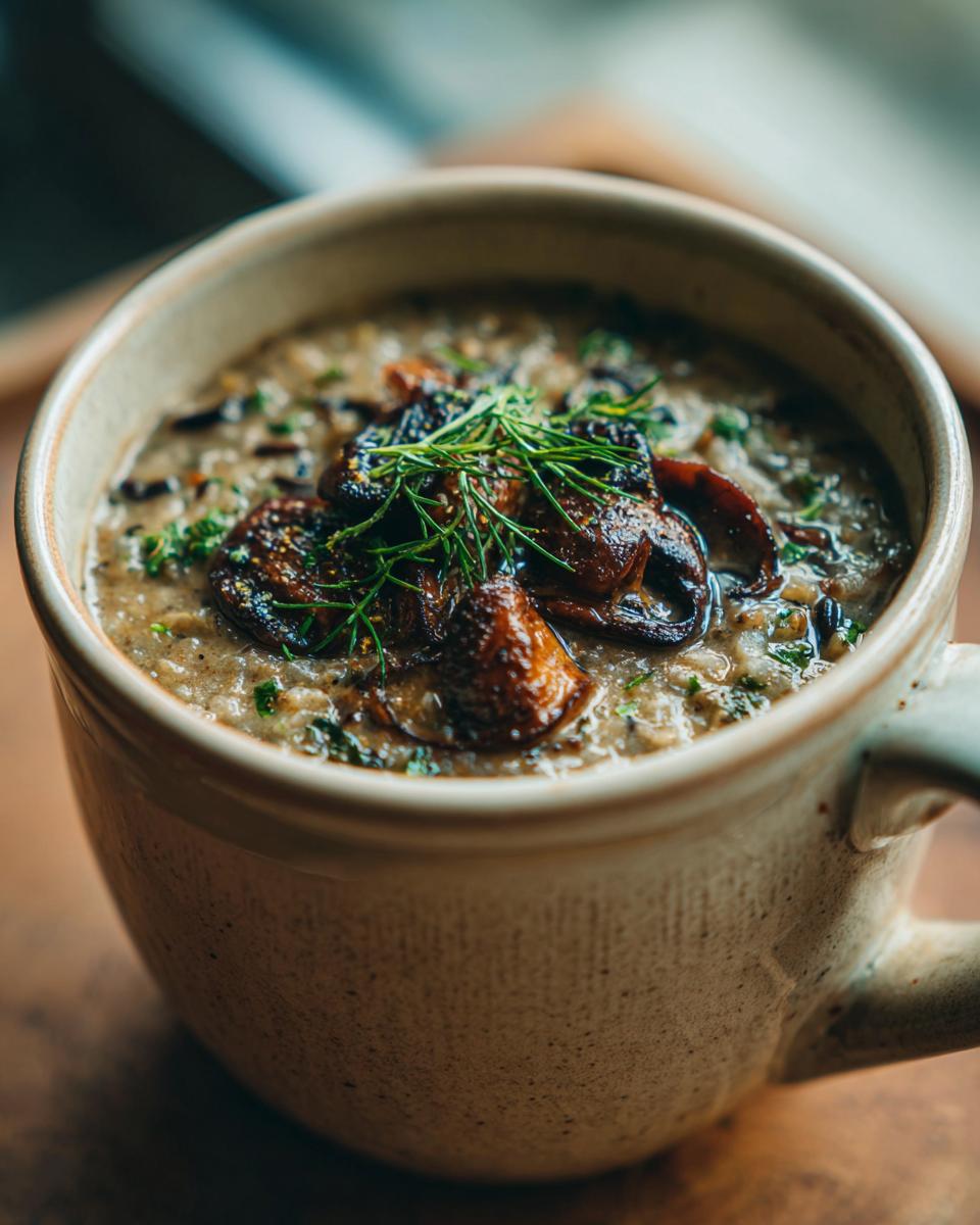 Close-up of a mug of Wild Rice & Mushroom Soup, garnished with fresh herbs and mushrooms.