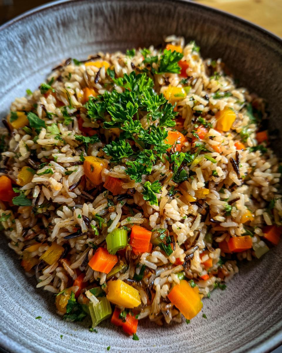 Close-up of a bowl of delicious Wild Rice Pilaf with colorful vegetables and herbs.