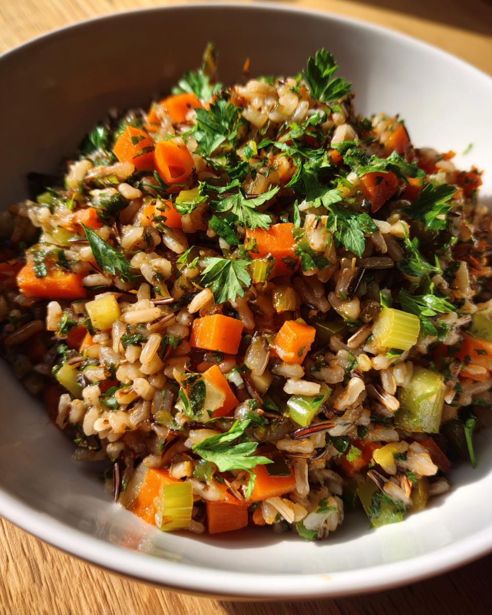 Close-up of a bowl of delicious Wild Rice Pilaf with carrots, celery, and fresh herbs.
