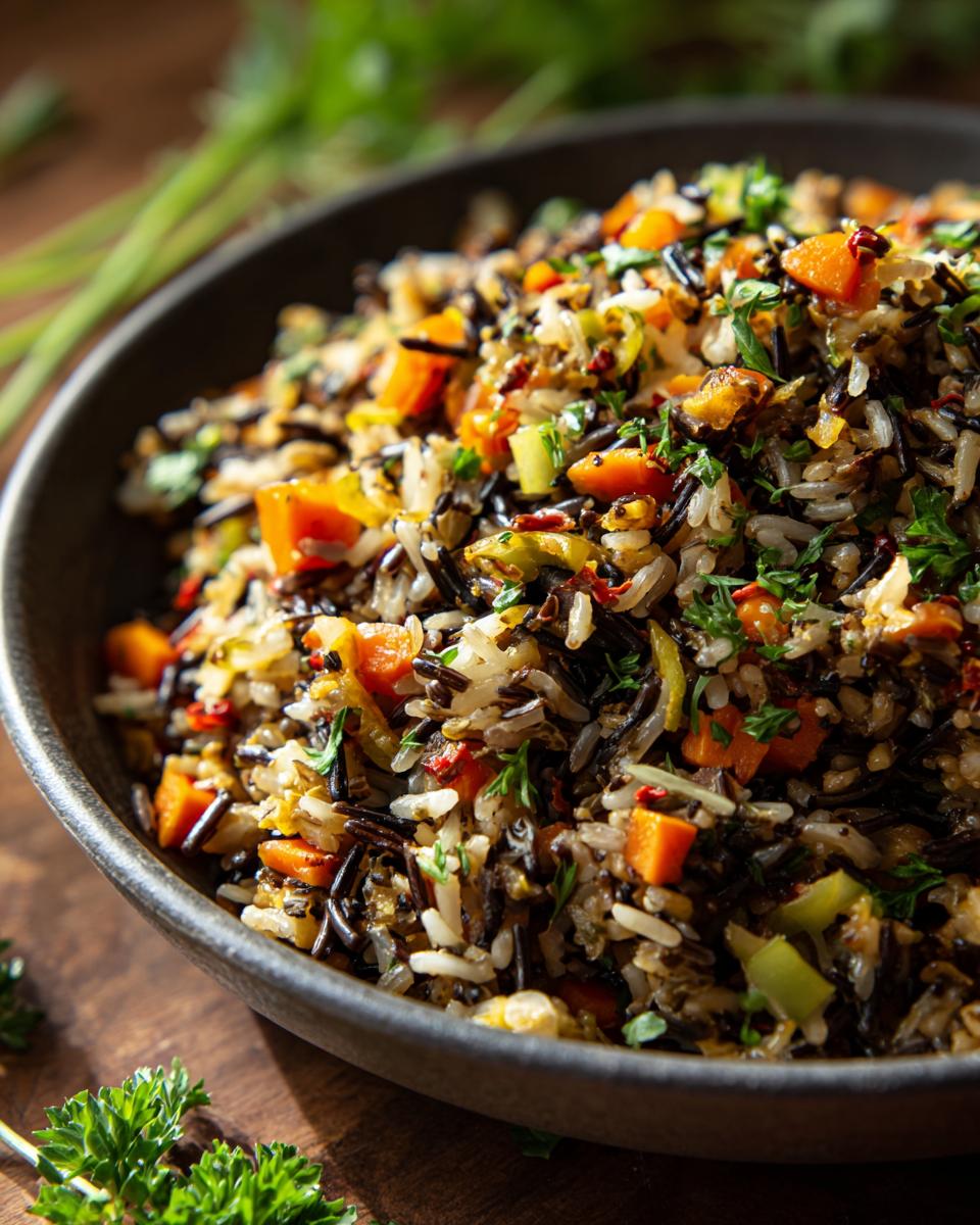 Close-up of a bowl of delicious Wild Rice Pilaf with carrots, herbs, and vegetables.