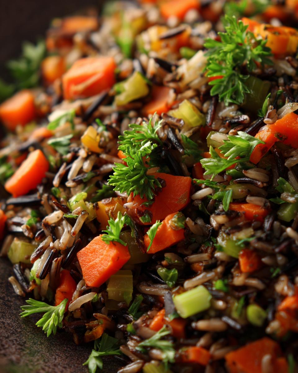 Close-up of a colorful wild rice pilaf with carrots, celery, and fresh parsley.