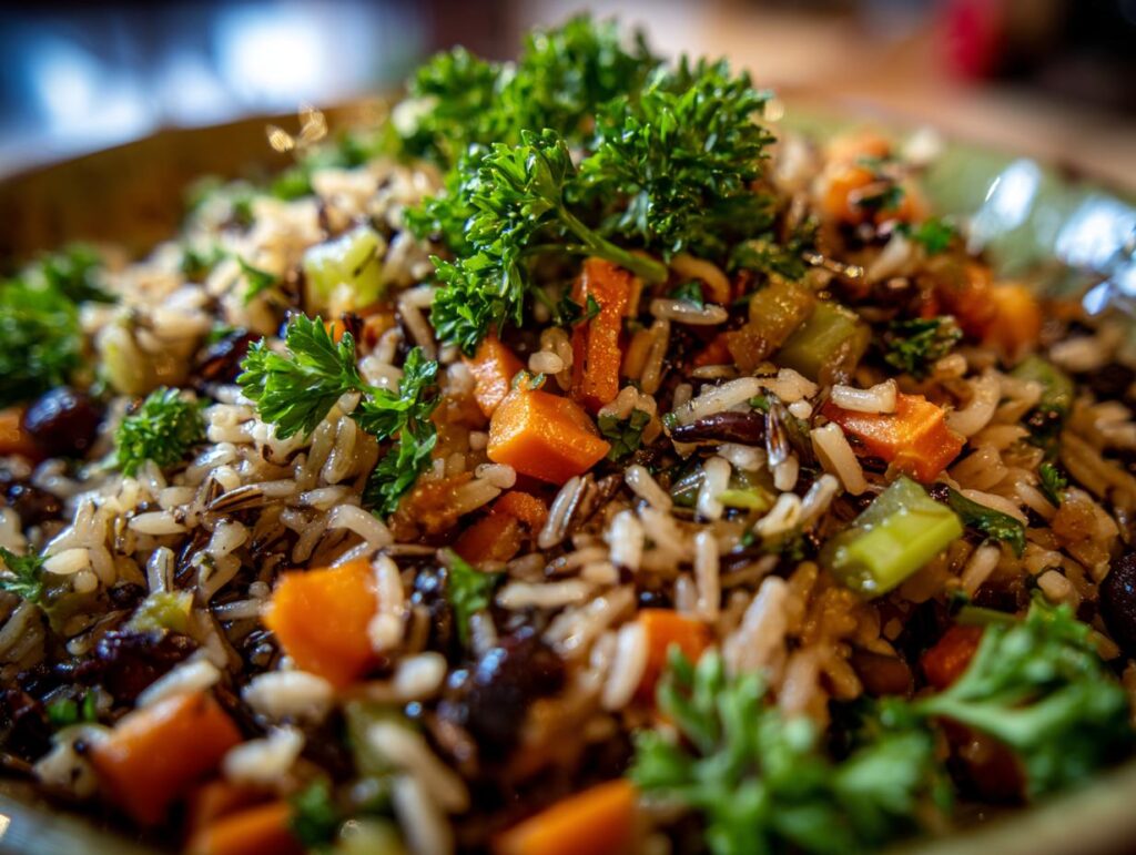 Close-up of a vibrant Wild Rice Pilaf with carrots, celery, and herbs.