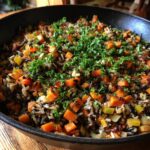 Close-up of Wild Rice Pilaf with carrots, celery, and herbs in a skillet.