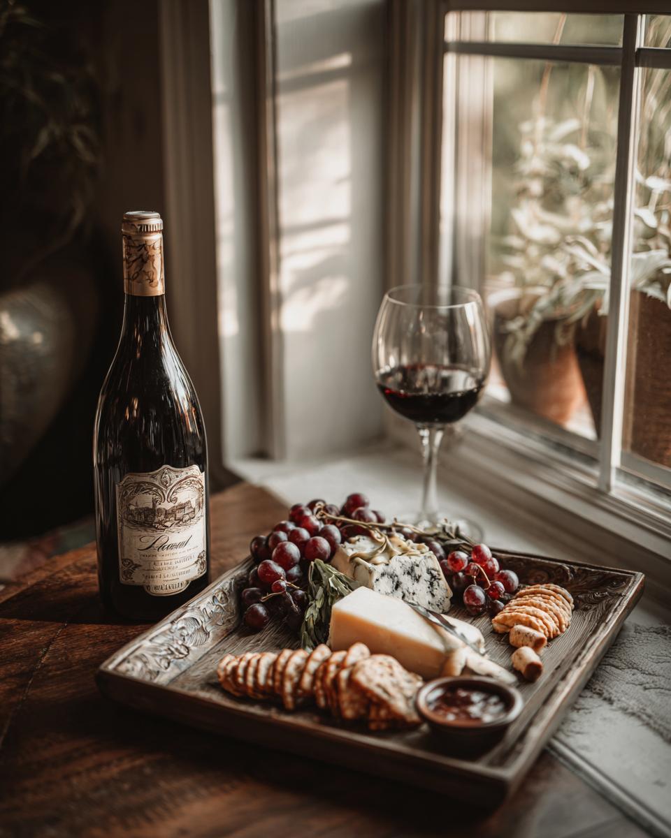 A wine bottle, wine glass, grapes, cheese, and crackers on a wooden tray, perfect for last-minute Christmas gift ideas.