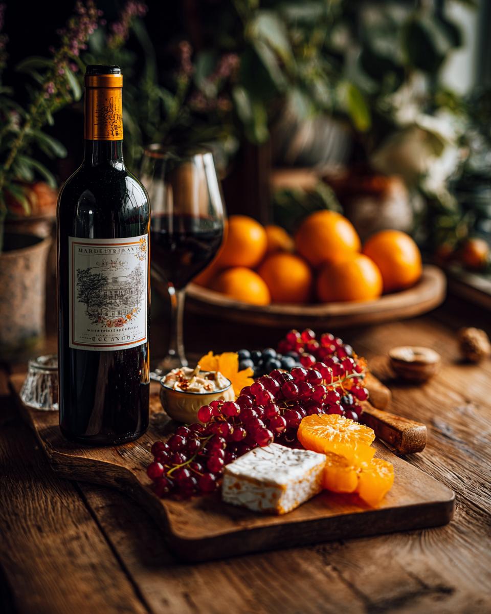 A festive wine and cheese platter with grapes, oranges, and a bottle of red wine, perfect for last-minute Christmas gifts.