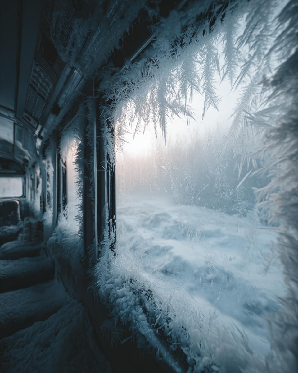 View from inside a train car with windows completely covered in ice and snow, during winter cleaning before guests arrive.
