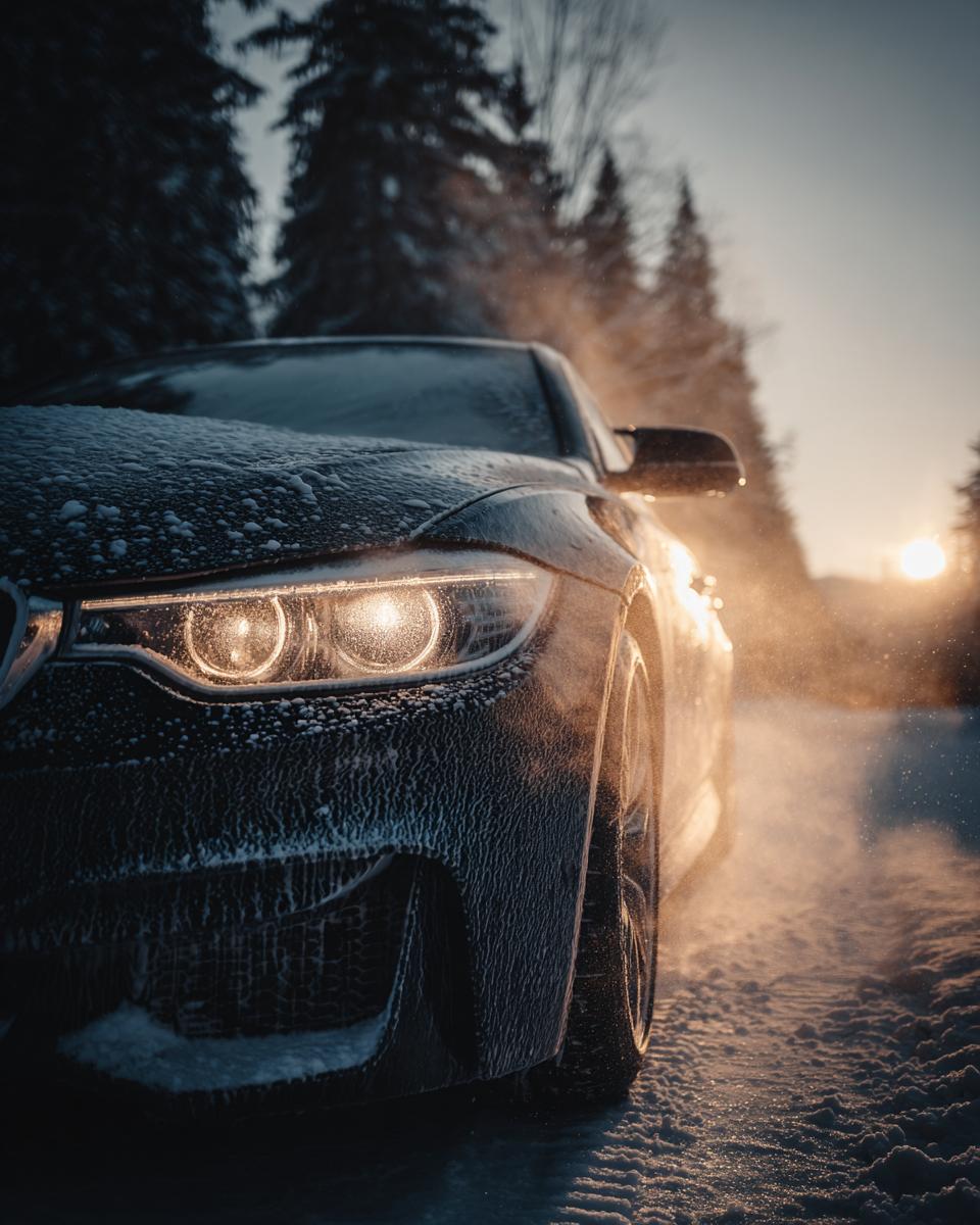 A car covered in snow and ice, with headlights on, driving on a snowy road during winter cleaning before guests arrive.