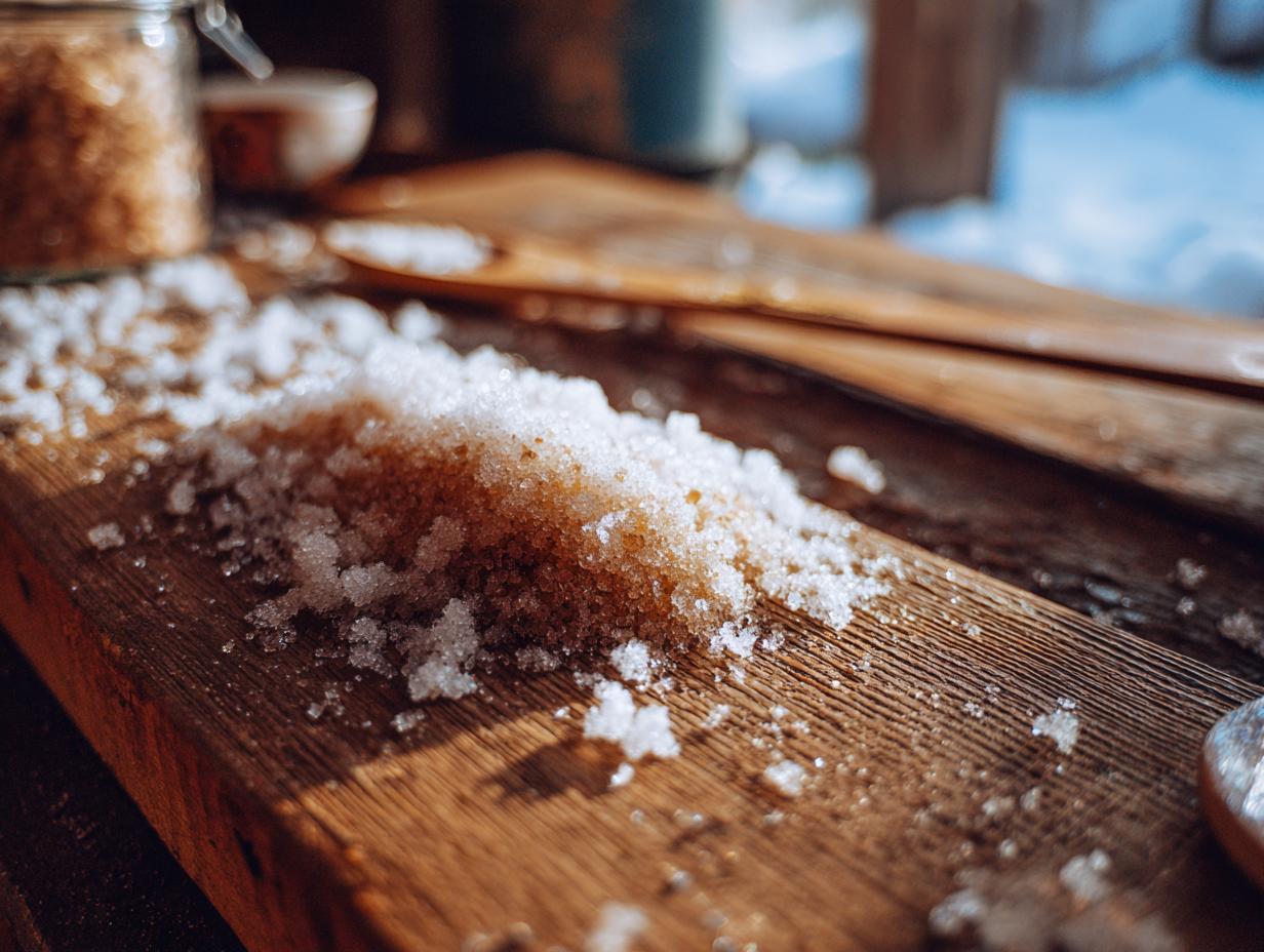 Close-up of coarse salt and sugar mixture on a wooden surface, suggesting a DIY cleaning scrub for winter cleaning before guests arrive.
