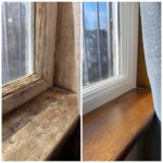 Split image showing a dirty, grimy wooden window frame and sill on the left, and a sparkling clean, freshly painted white frame and polished sill on the right, illustrating effective winter cleaning before guests arrive.