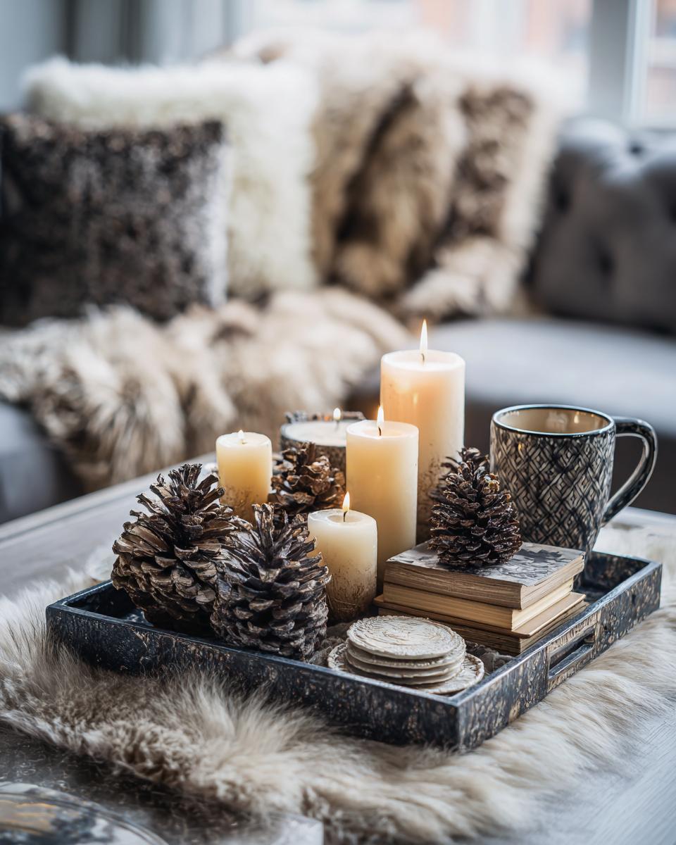 A tray with pinecones, candles, books, and a mug, showcasing cozy winter coffee table styling ideas.
