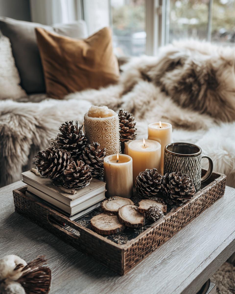 A woven tray with candles, pinecones, books, and wood slices for cozy winter coffee table styling ideas.