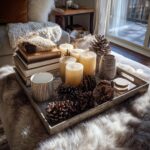 A tray with candles, pinecones, books, and a mug, showcasing cozy winter coffee table styling ideas.