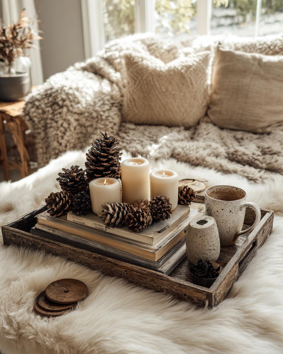 A rustic wooden tray filled with pinecones, candles, books, and a mug, showcasing cozy winter coffee table styling ideas.