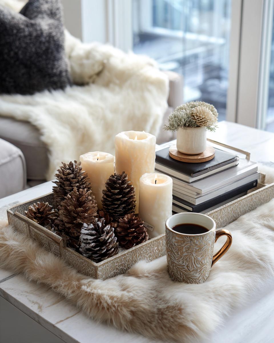 A tray with pinecones, pillar candles, and a mug of coffee, part of cozy winter coffee table styling ideas.