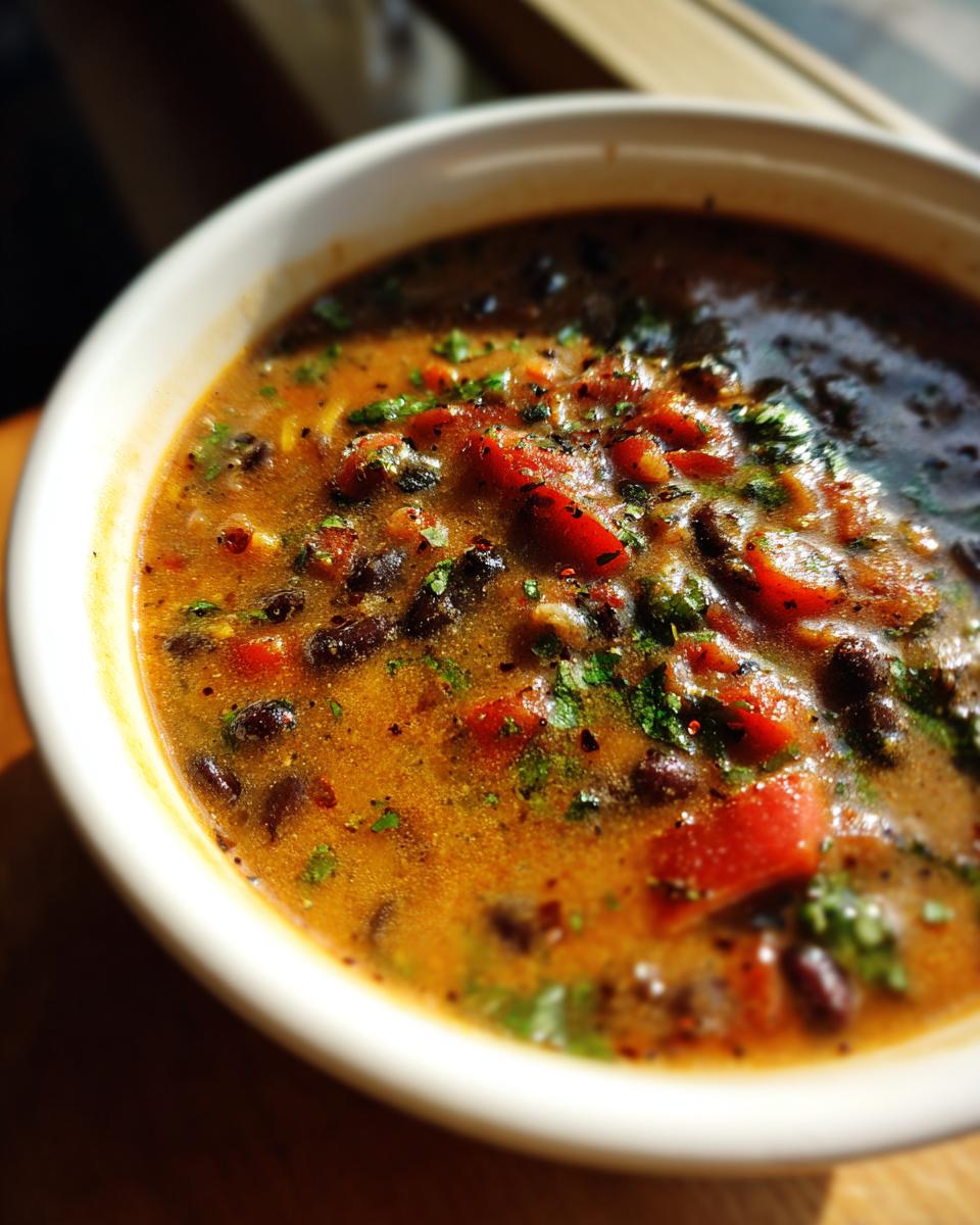 Close-up of a bowl of delicious Zesty Black Bean Soup, with tomatoes and herbs.
