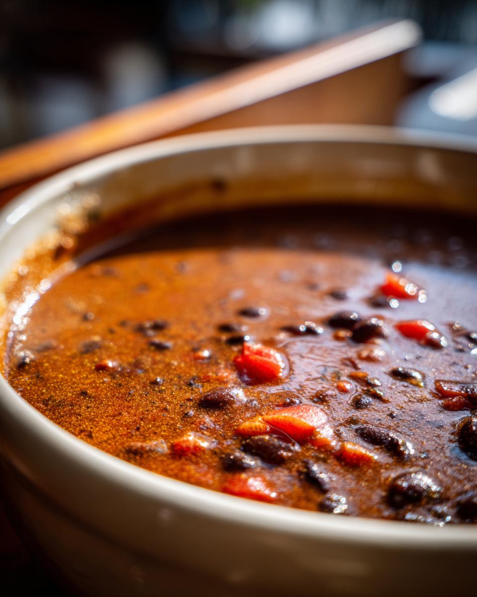 Close-up shot of a bowl of Zesty Black Bean Soup, showing beans, tomatoes, and broth.