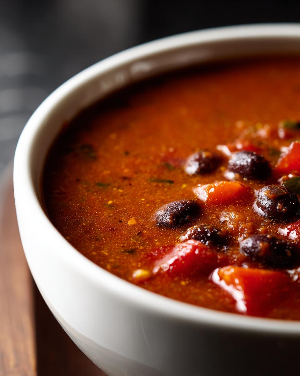 Close-up of a bowl of Zesty Black Bean Soup, showing beans, tomatoes, and broth.