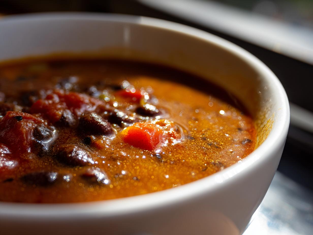 Close-up of a bowl of Zesty Black Bean Soup, showcasing the ingredients and texture.