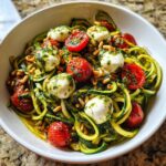 Close-up of a bowl of Zucchini Noodle Pesto Caprese with mozzarella, tomatoes, and pine nuts.