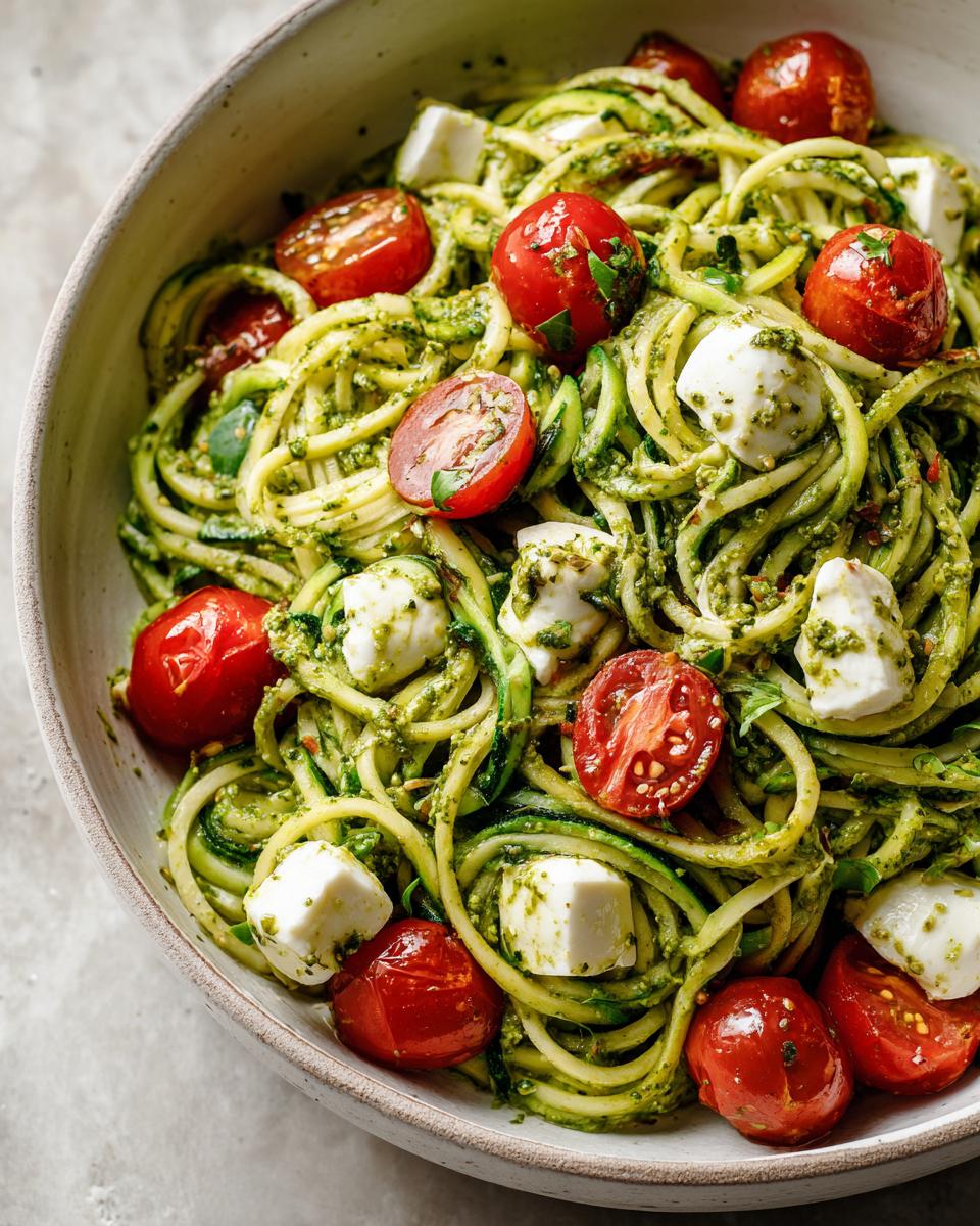 Close-up of a bowl of Zucchini Noodle Pesto Caprese with tomatoes and mozzarella.