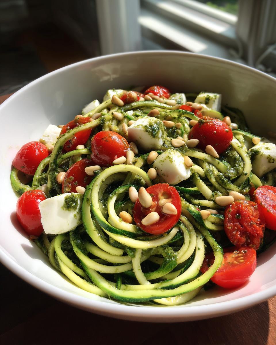 Close-up of a bowl of Zucchini Noodle Pesto Caprese with tomatoes, mozzarella, and pine nuts.