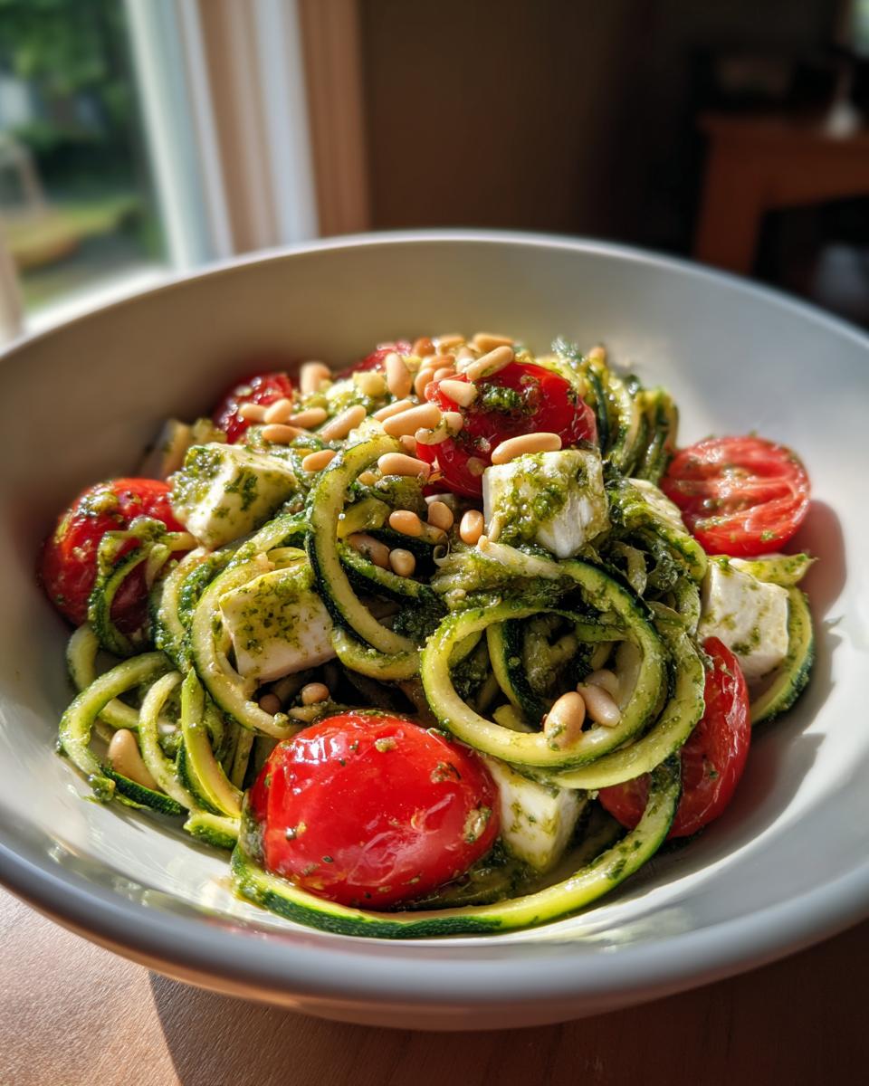 Close-up of a bowl of Zucchini Noodle Pesto Caprese with tomatoes, mozzarella, and pine nuts.