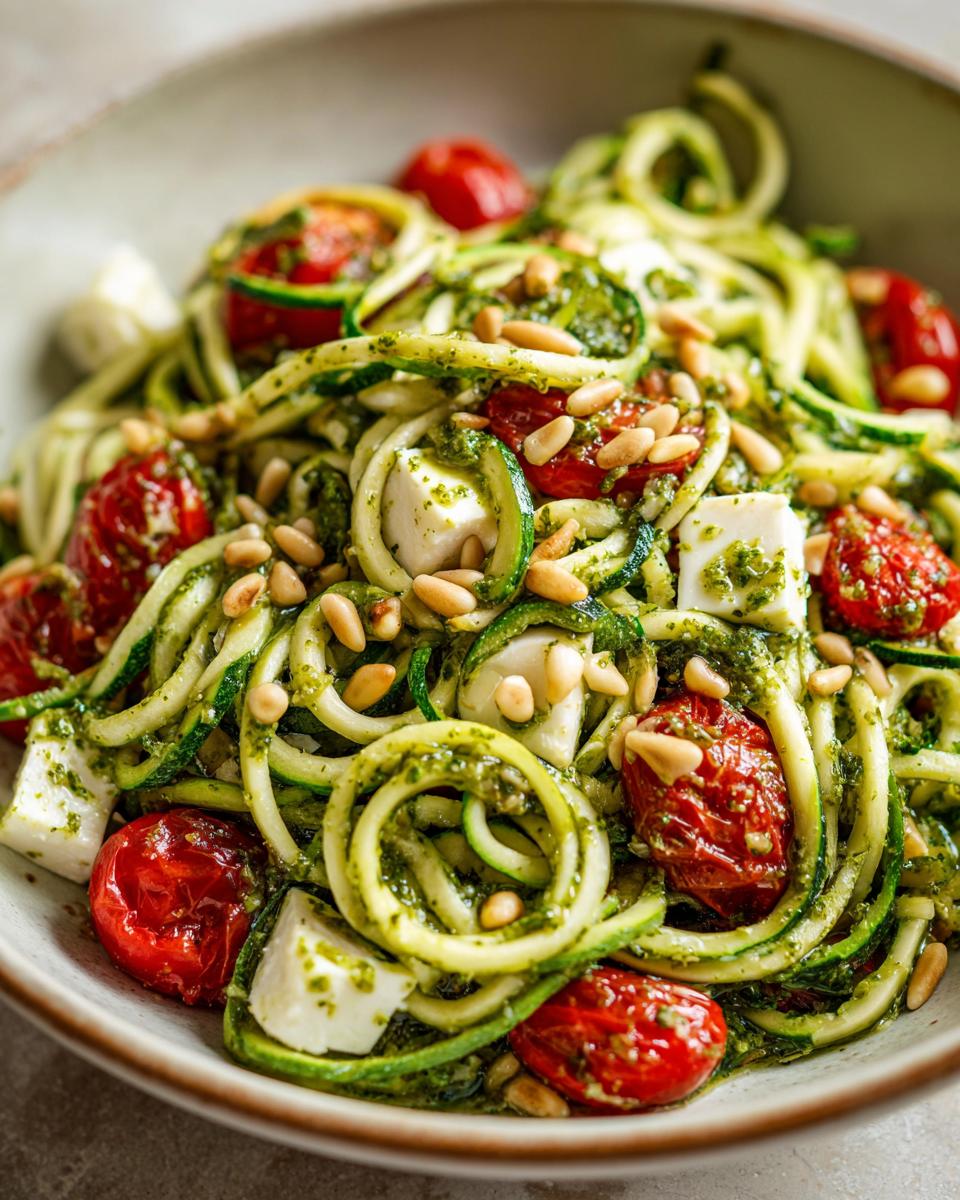 Close-up of a bowl of Zucchini Noodle Pesto Caprese with tomatoes, mozzarella, and pine nuts.