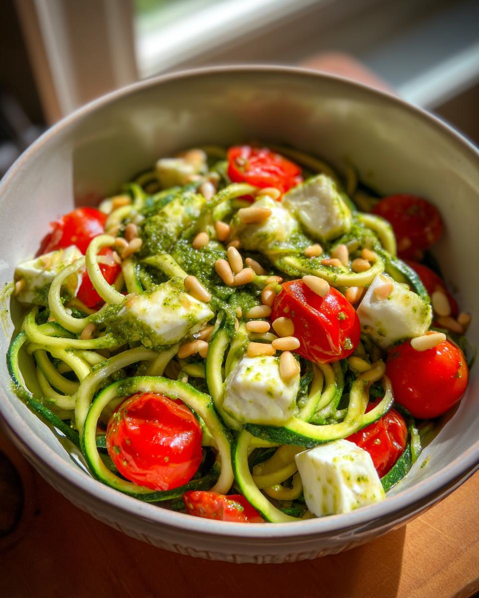 Close-up of a bowl of Zucchini Noodle Pesto Caprese with tomatoes, mozzarella, and pine nuts.