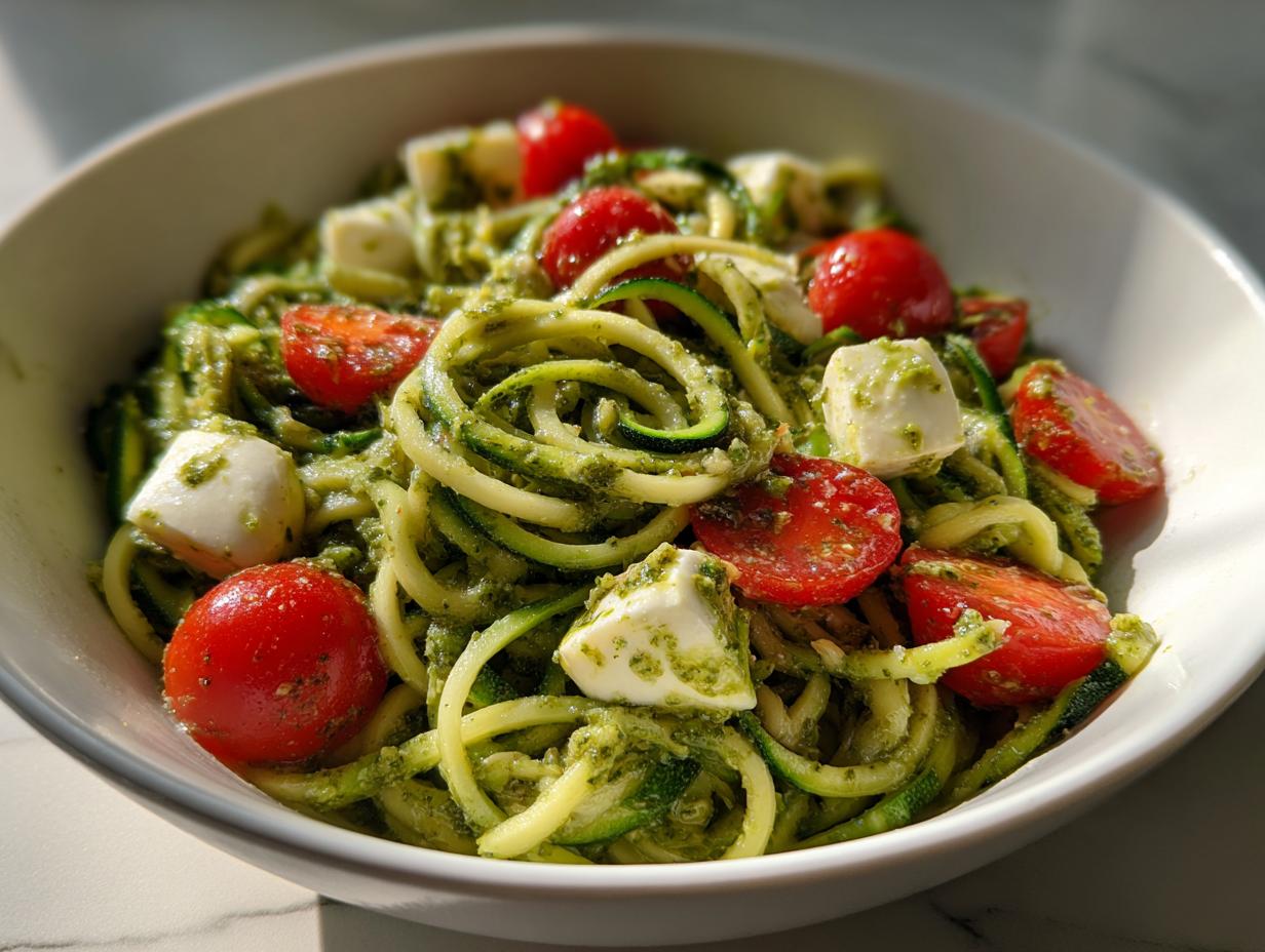 Close-up of a bowl of Zucchini Noodle Pesto Caprese with cherry tomatoes and mozzarella.