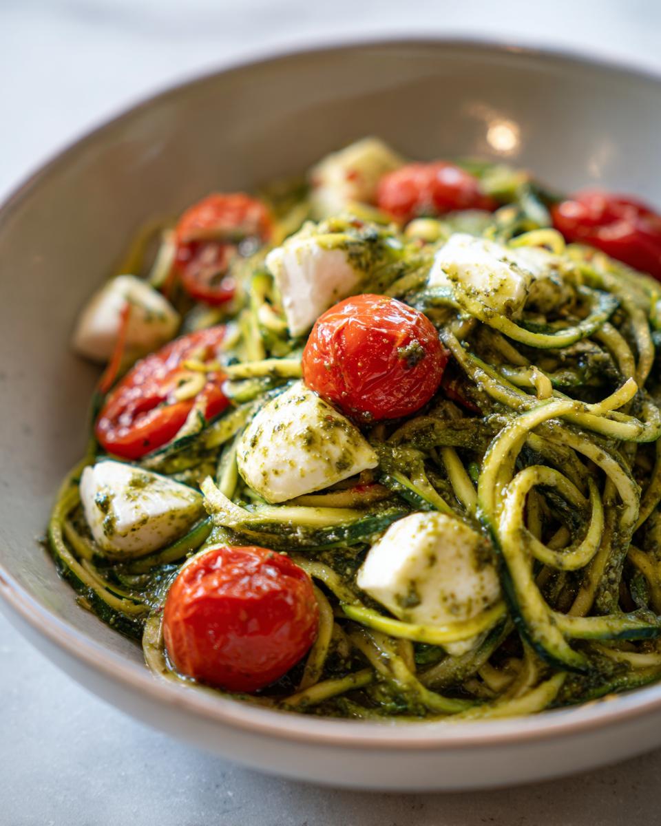 Close-up of a bowl of Zucchini Noodle Pesto Caprese with tomatoes and mozzarella.