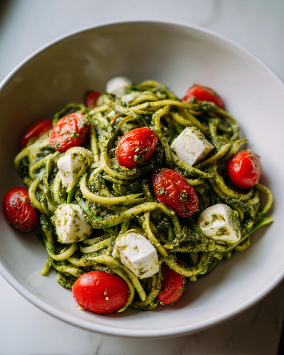Close-up of Zucchini Noodle Pesto Caprese with tomatoes and mozzarella.