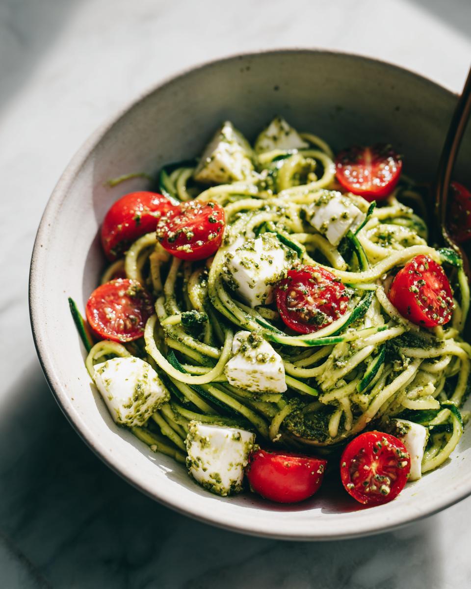 A bowl of fresh Zucchini Noodle Pesto Caprese with tomatoes and mozzarella.