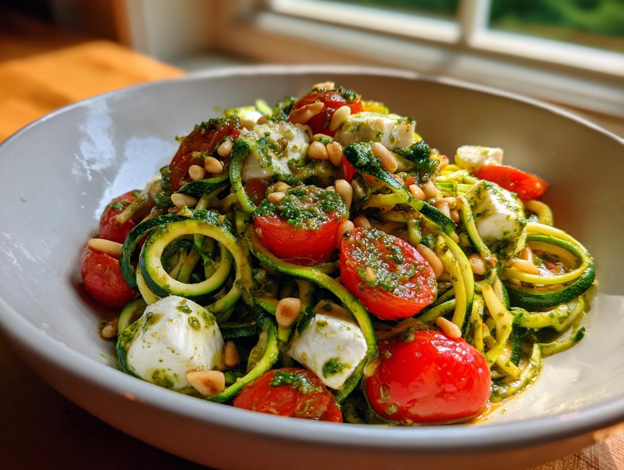 Close-up of a bowl of Zucchini Noodle Pesto Caprese with tomatoes, mozzarella, and pine nuts.