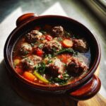 Close-up of a bowl of delicious Albondigas Soup with meatballs, vegetables, and broth.