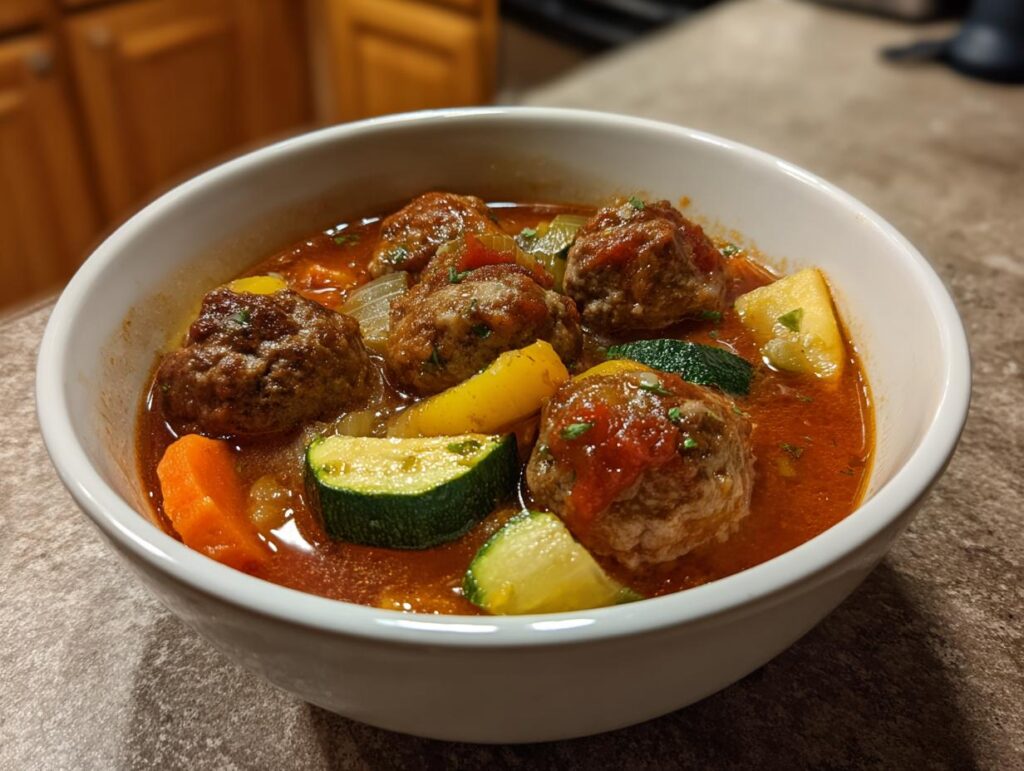 A close-up of a bowl of delicious Albondigas Soup with meatballs and vegetables.