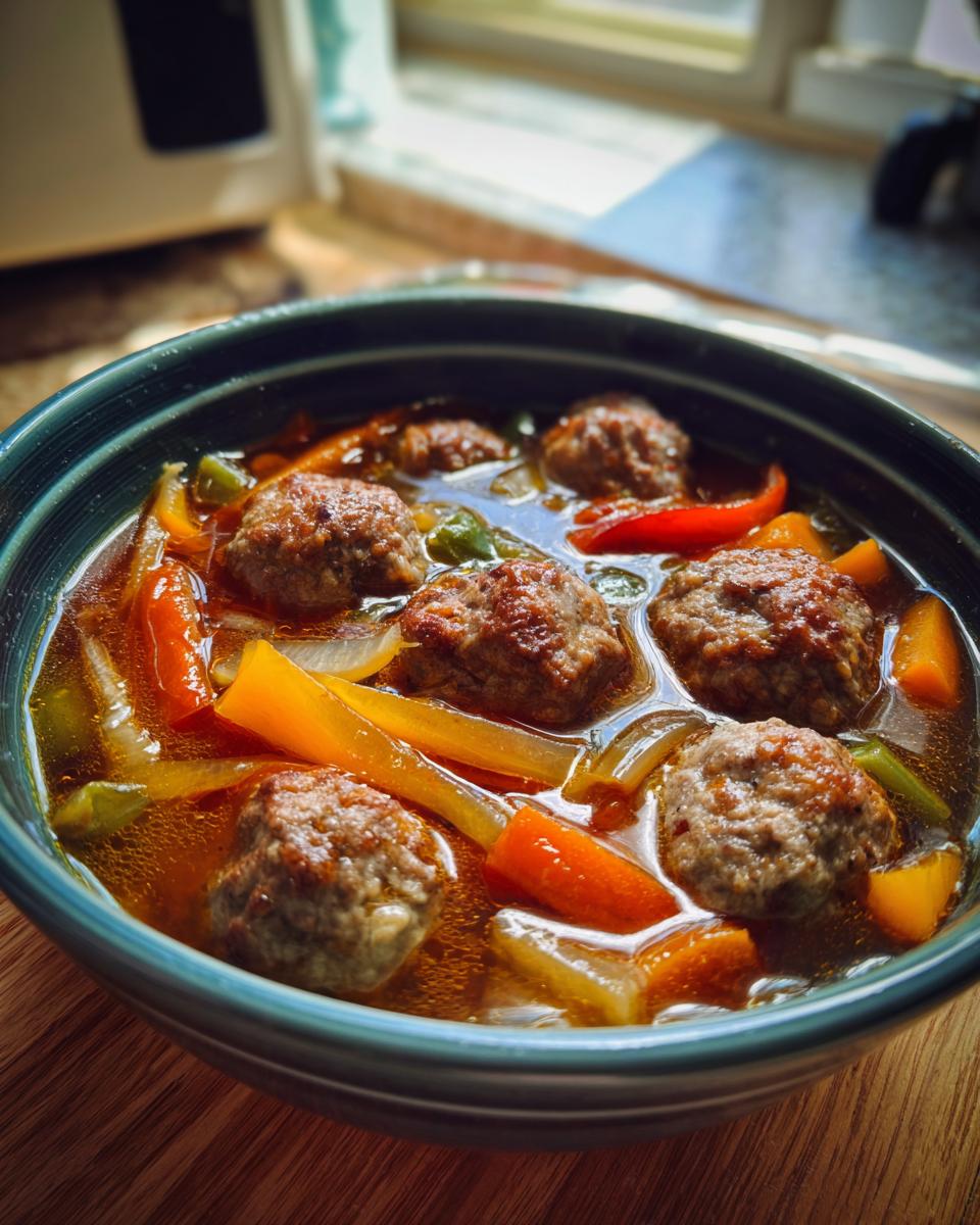 Close-up of a bowl of Albondigas Soup with meatballs, carrots, peppers, and onions.