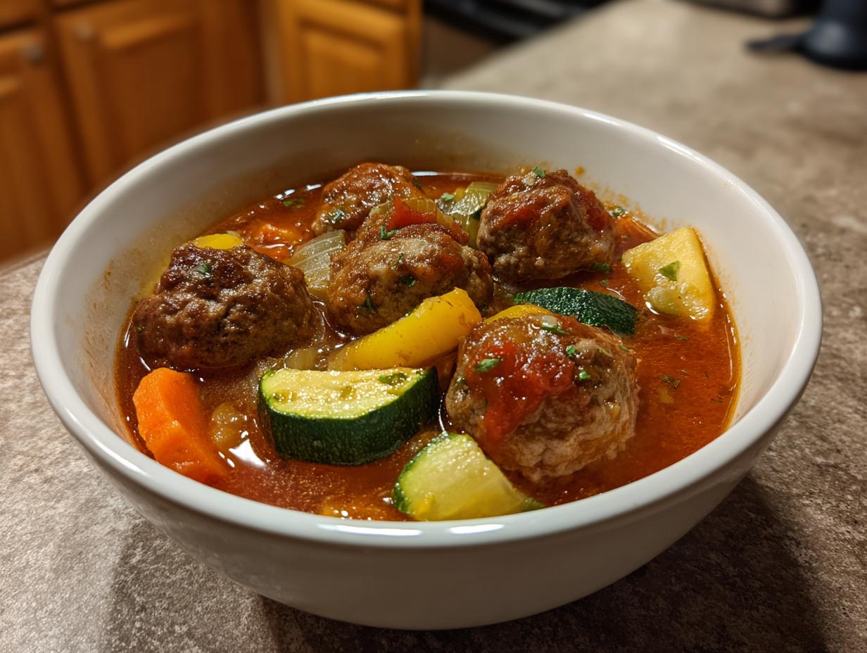 A close-up of a bowl of delicious Albondigas Soup with meatballs and vegetables.