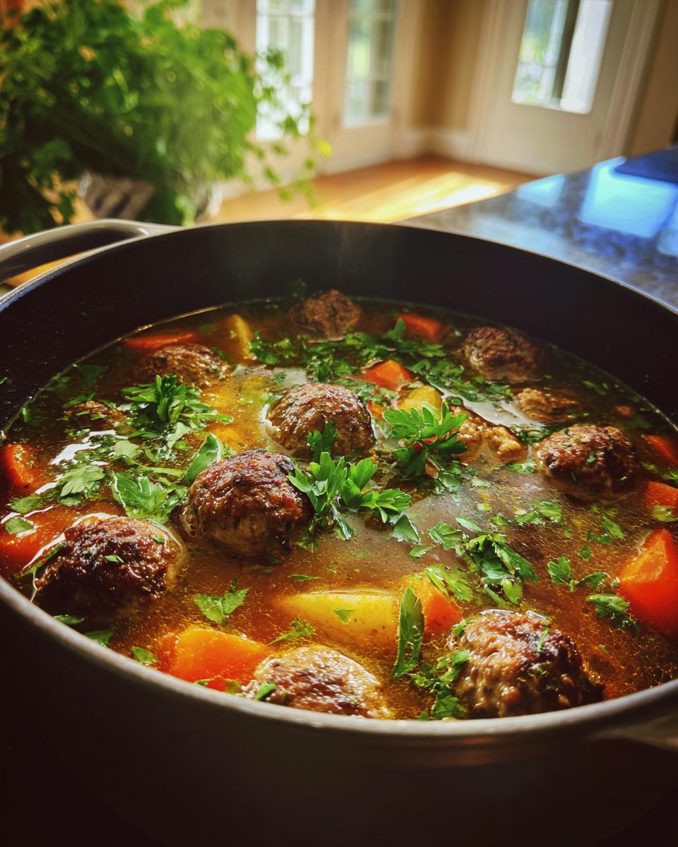 Close-up of a pot of Albondigas Soup with meatballs, vegetables, and herbs.